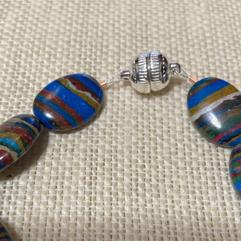 Natural genuine Rainbow Calsillica gemstone artisan Beaded 7.5” Bracelet